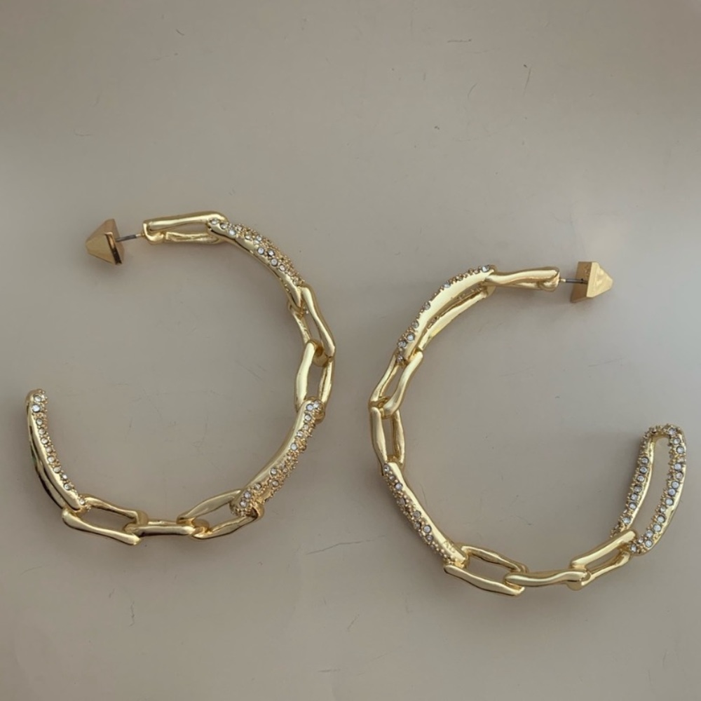 Alexis Bittar XL Golden Crystal Encrusted Textured Chain Link Hoop Post Earrings - Picture 7 of 16